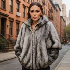 Grandessa Fox Faux Fur Knit Jacket Sportowne Size 12 Made USA Gray Retro Style